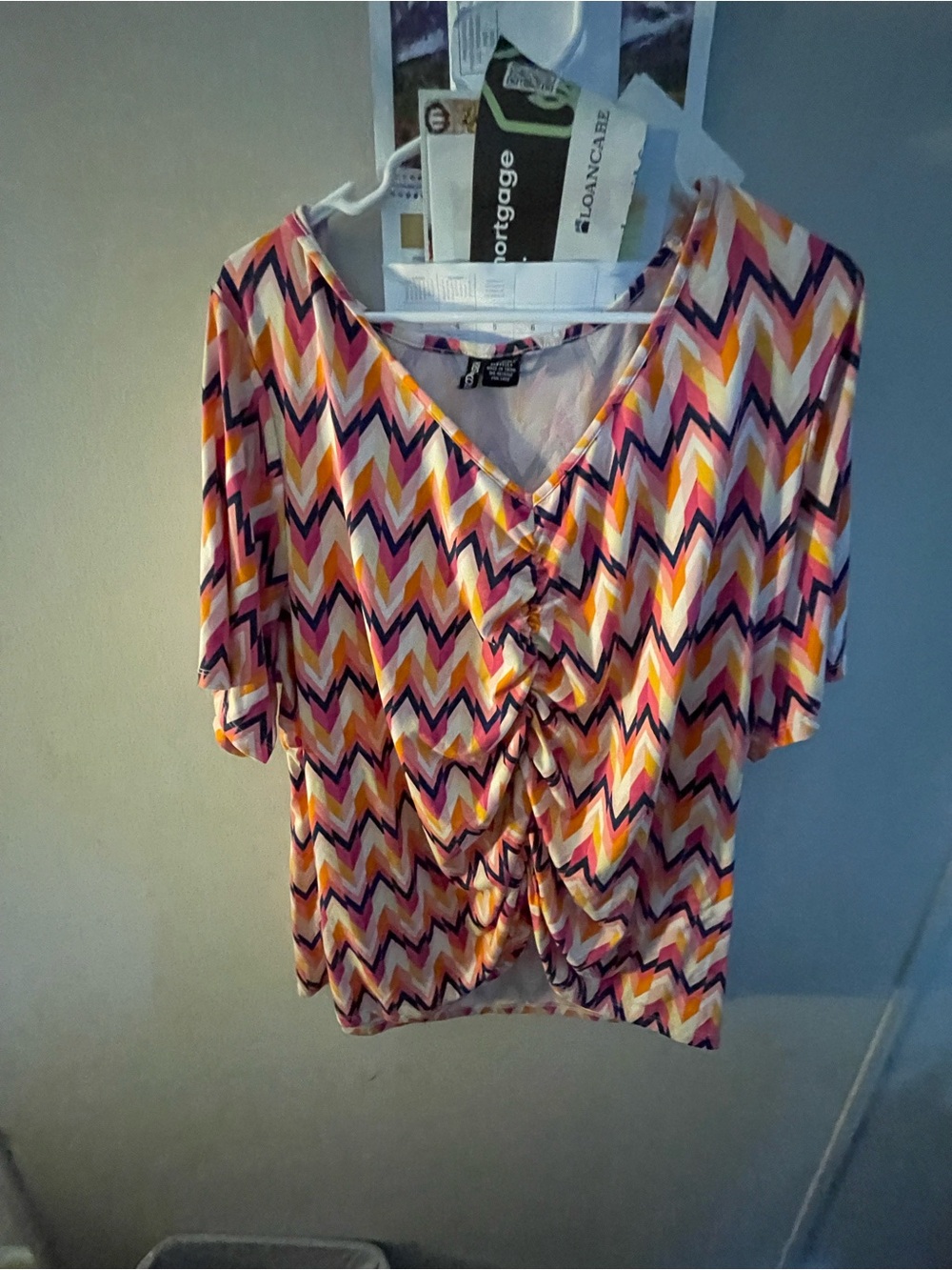 Colorful Chevron Ruched Front V-Neck Top - Pink/Orange/Yellow